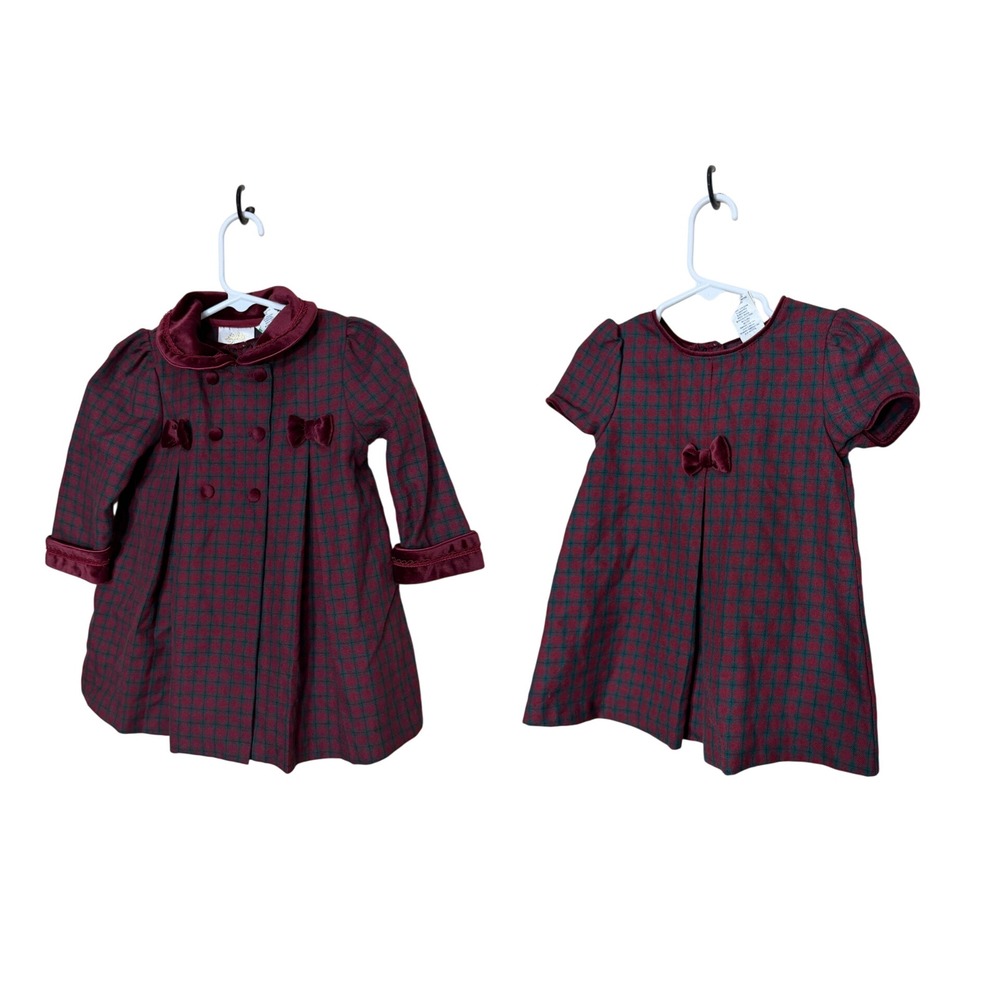 Vintage Little Bitty Plaid Coat Dress Set Burgundy Green‎ Velvet Trim 18 Months